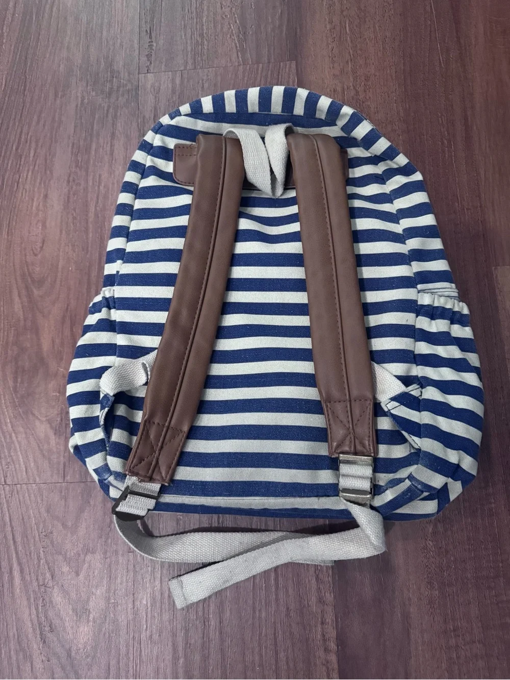 Striped Navy & White Canvas Backpack with Brown Trim